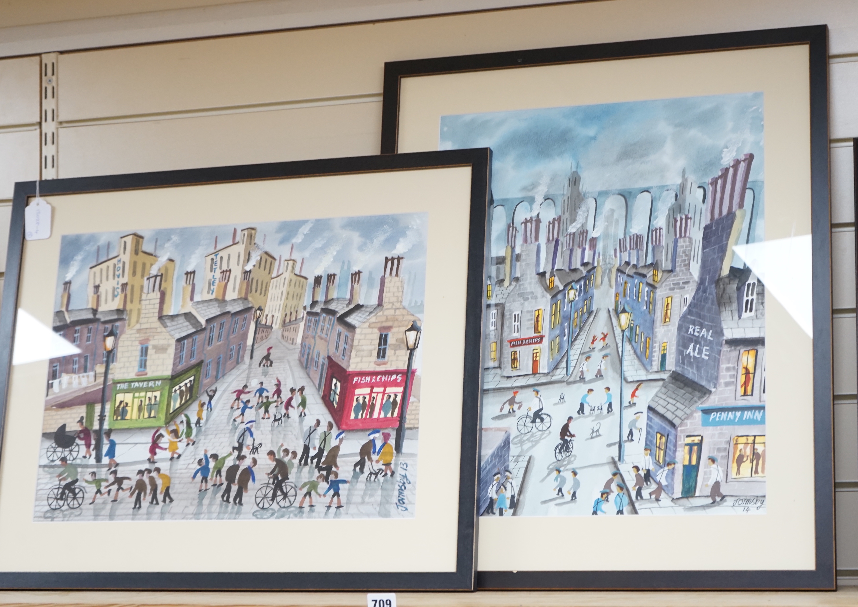 John Ormsby (b.1969), two watercolours / gouaches, Busy street scenes with figures, each signed and dated, 37 x 50cm